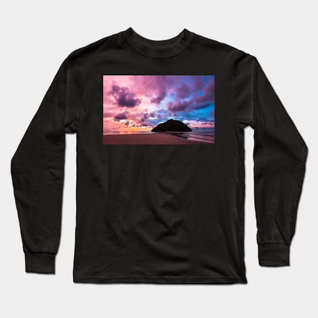 Tropical island and paradise beach at sunset Long Sleeve T-Shirt by Juhku